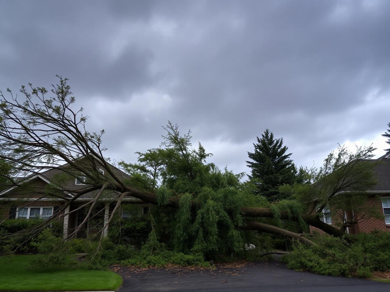 Storm-damaged tree fallen across a home — emergency tree removal